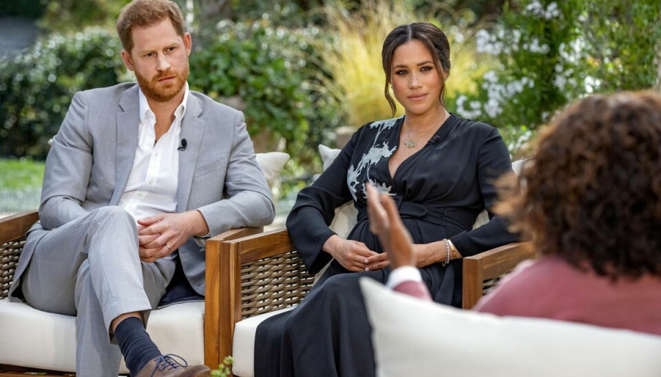 Harry og Meghan ses her under deres ekspplosive interview med Oprah Winfrey i marts 2021.