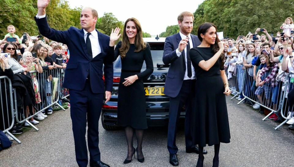 De to royale brødre og deres hustruer vinker farvel til den massive folkemængde efter det overraskende fælles besøg foran Windsor Castle lørdag.