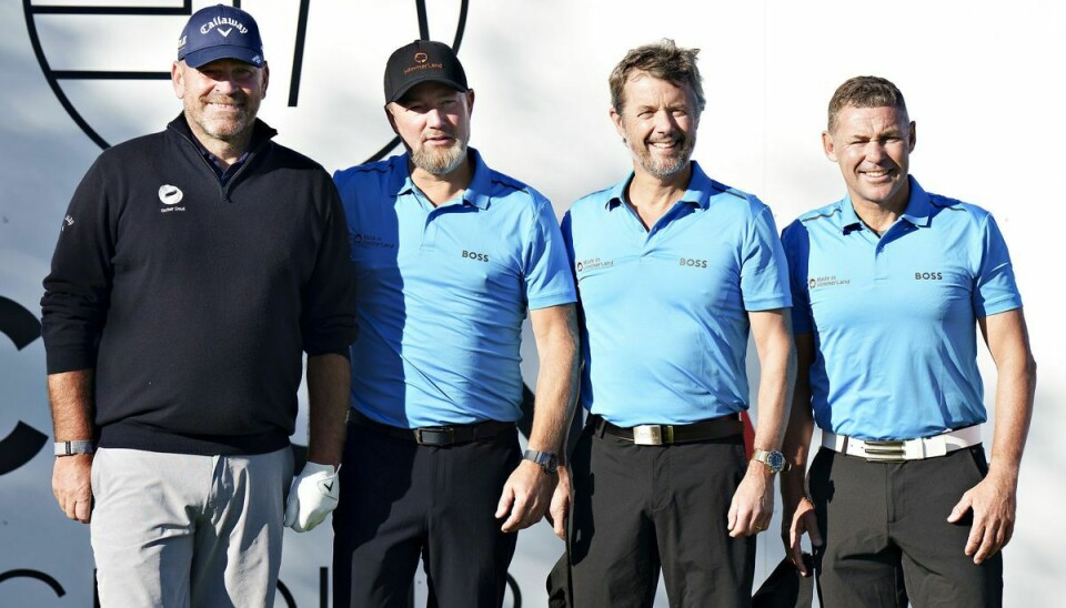 På billedet er det holdkammeraterne, fra venstre, Thomas Bjørn, Jacob Brunsborg, kronprins Frederik og Thomas Bjørn.