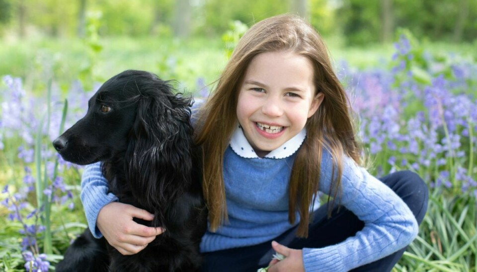 Nu syv-årige prinsesse Charlotte sammen med familiens sorte cockerspaniel Orla.