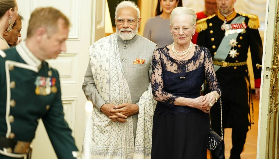 Dronning Margrethe ankom sammen med premierminister Narendra Modi til gallamiddagen tirsdag aften.