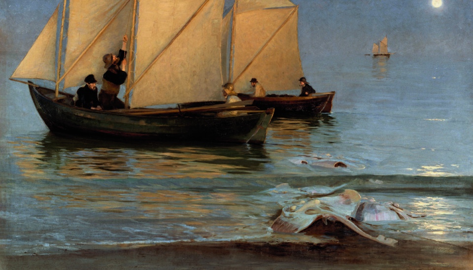 Krøyer maleriet 'Skagboere går ud på nattefiskeri Sildig Sommeraften'.