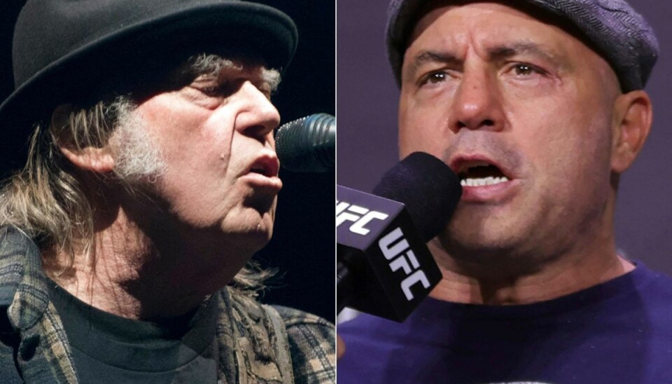 Neil Young (til venstre) har besluttet at fjerne sin musik fra streamingtjenesten Spotify, efter at det svenske selskab har afvist at udelukke podcastværten Joe Rogan (til højre) fra platformen. (Arkivfoto)