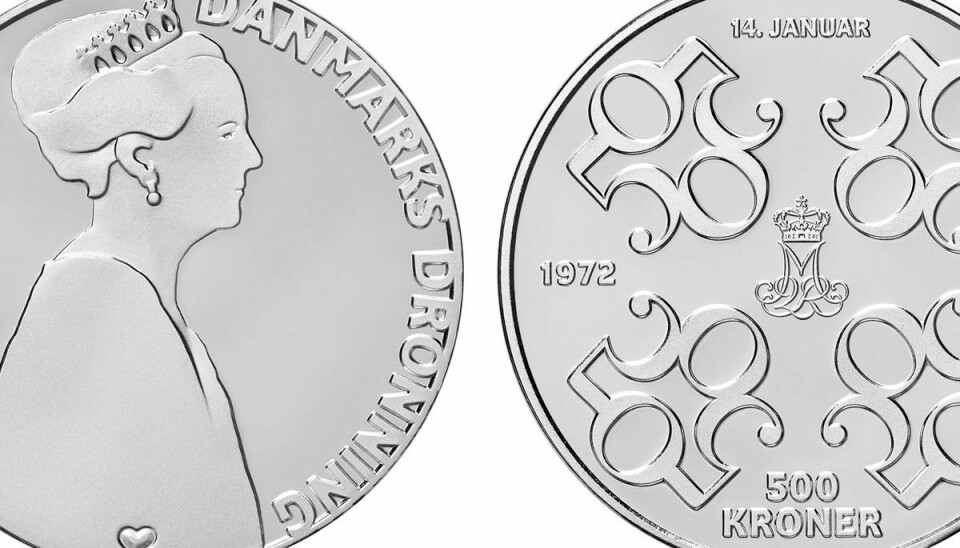 Nationalbanken udsender den 14. januar en erindringsmønt i tre udgaver, i anledning af dronning Margrethes 50-års regeringsjubilæum. (Arkivfoto).