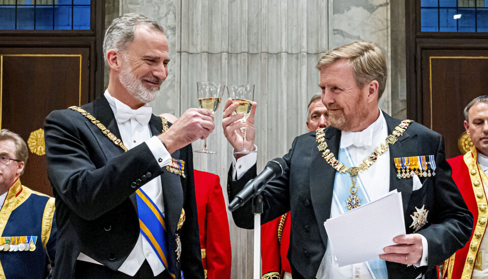 En kongelig skål mellem kong Felipe (tv) og kong Willem Alexander på paladset i Amsterdam.