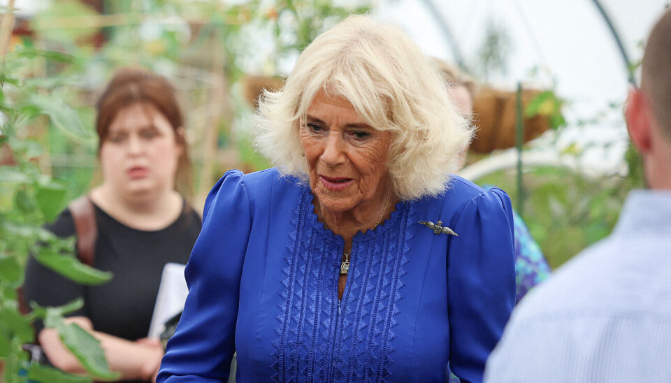 Dronning Camilla ses her på rundtur i wellnesshaven på Royal Air Force-basen i det nordvestlige England.