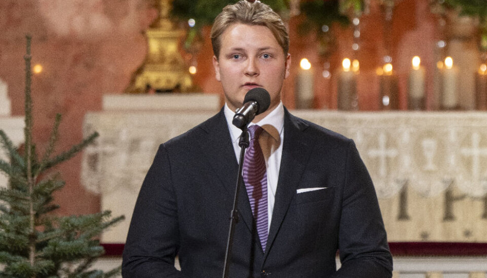 Prins Sverre Magnus taler til de inviterede gæster i Slotskapellet i Oslo onsdag aften.