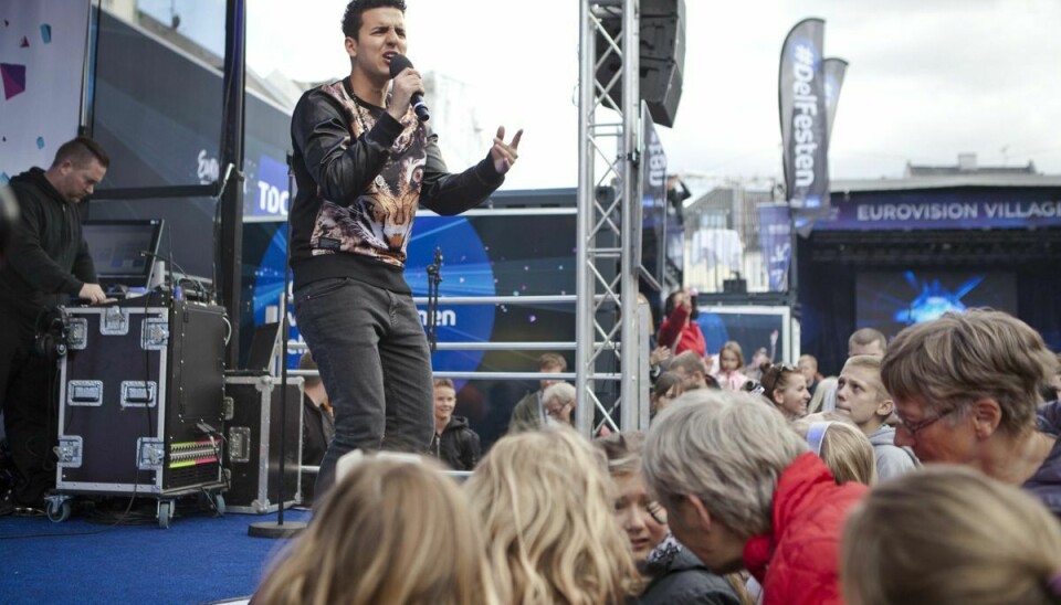 Basim vandt det danske melodigrandprix tilbage i 2014 med nummeret 'Cliche Love Song. Her optræder han med nummeret i forbindelse med et arrangement til årets Eurovision, som det år blev afholdt i København. (Arkivfoto)