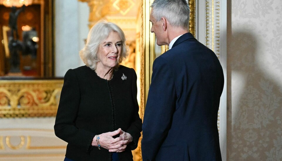 Britain's Queen Camilla speaks to British media executive, and the Director-General of the BBC Tim Davie (R) during a reception with finalists, judges and celebrity readers, to celebrate the final of the BBC's creative writing competition at Buckingham Palace in central London on February 26, 2025. (Photo by JUSTIN TALLIS / POOL / AFP)