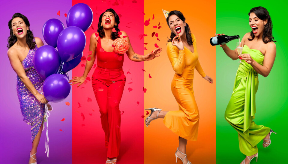 Festlige og farverige Jasmin Gabay i front.