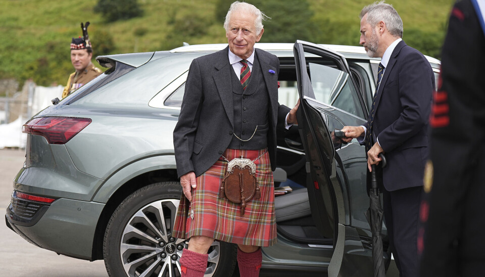Britain's King Charles III arrives for a reception for Caithness Communities hosted by the Nuclear Decommissioning Authority at Scrabster Harbour in Thurso, Scotland, Monday July 28, 2025. (Aaron Chown/Pool Photo via AP)