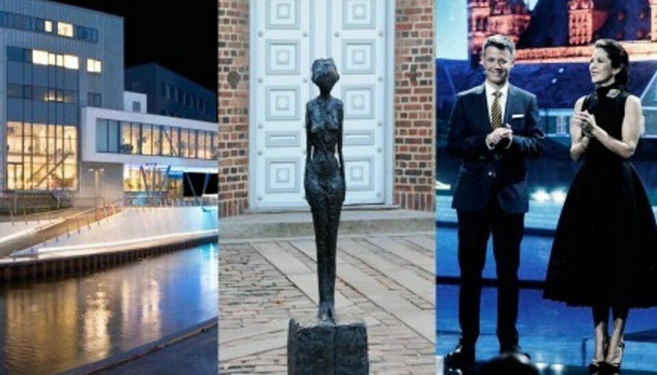 Musikhuset Holstebro, Alberto Giacomettis ‘Kvinde på kærre’ og Kronprinsparret ved sidste års prisuddeling. Foto: Bikubenfonden.