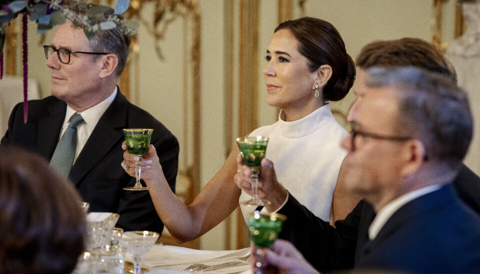 Billedet her viser Mary ved middagen, der foregik i Riddersalen, hvor hun havde franske præsident Macron og den britiske premierminister Keir Starmer som sine bordherrer.