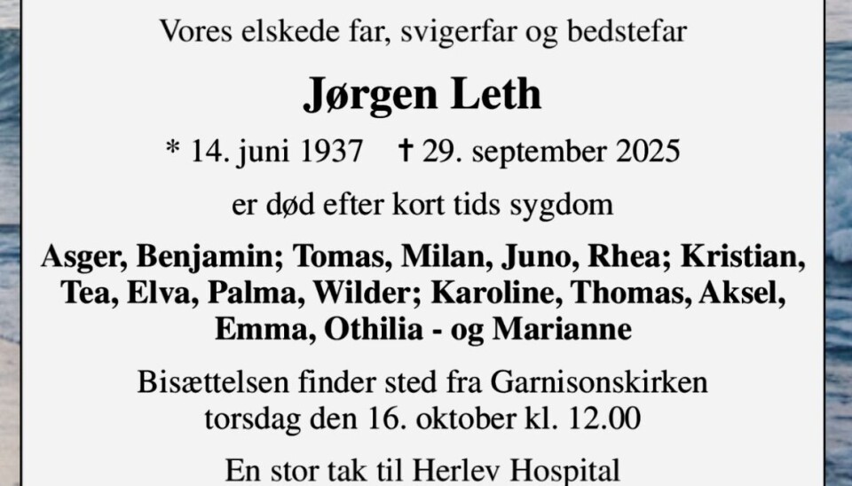 Familien har indtrykket denne dødsannonce