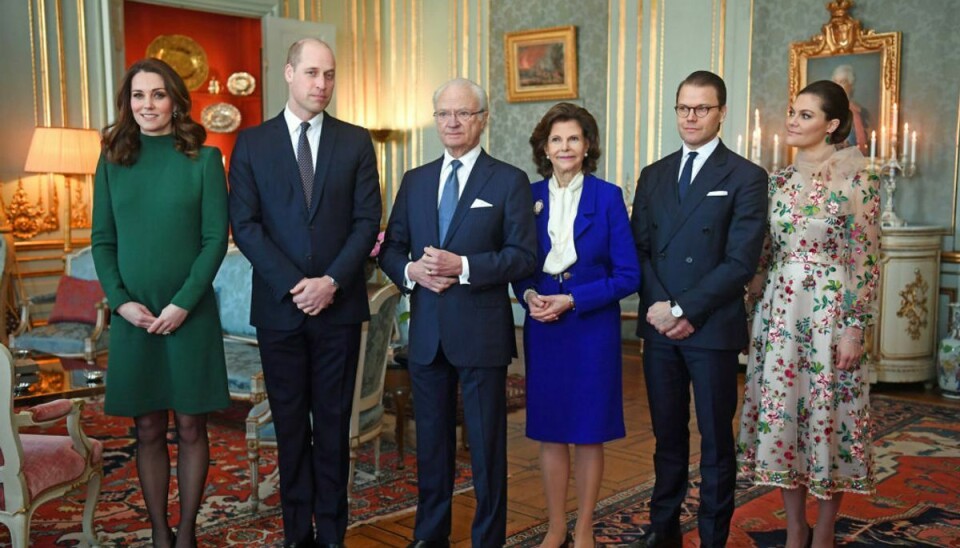 Prins William og Catherine, hertuginden af Cambridge ses her sammen med den svenske konge Gustaf, dronning Silvia , prins Daniel og kronprinsesse Victoria tilbage i januar. Foto: Scanpix