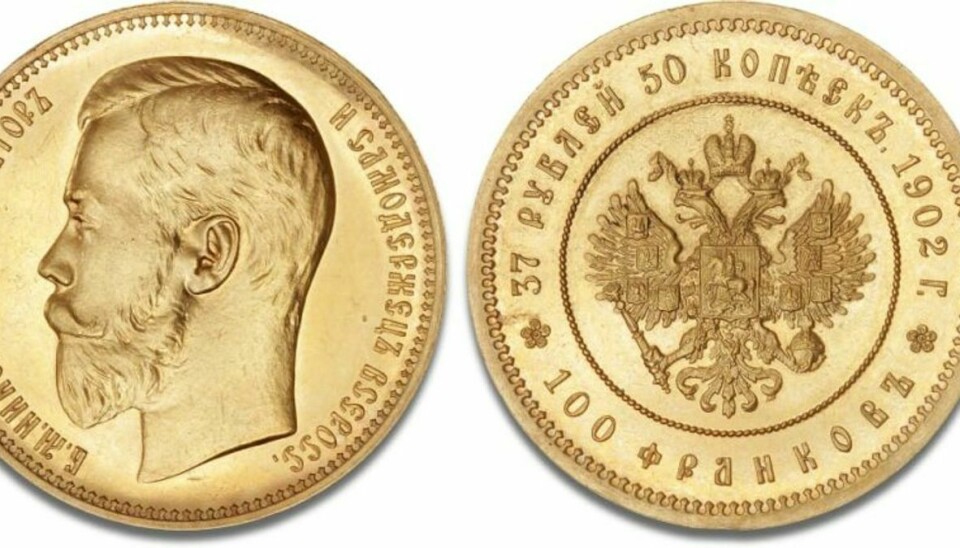 Kejser Nikolaj den andens personlige guldmønt blev på en auktion mandag solgt for et rekordbeløb. Foto: Bruun Rasmussen