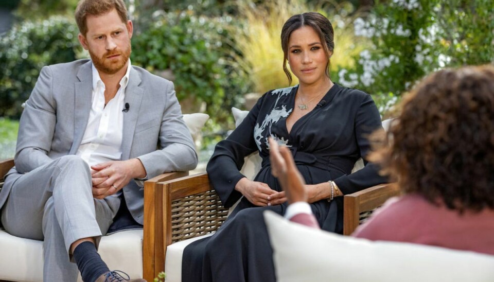 Harry og Meghan under interviewet med Oprah Winfrey. Foto: Scanpix/Harpo Productions/Joe Pugliese/Handout via REUTERS/File Photo